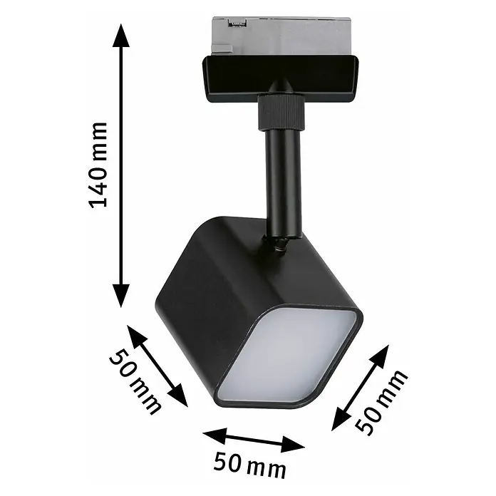 Paulmann URail LED-Spot Muri - Schwarz-matt, 5 x 5 x 14 cm - Abbildung einer schwarzen LED-Schiene mit den Maßen 140 mm Höhe und 50 mm Breite.