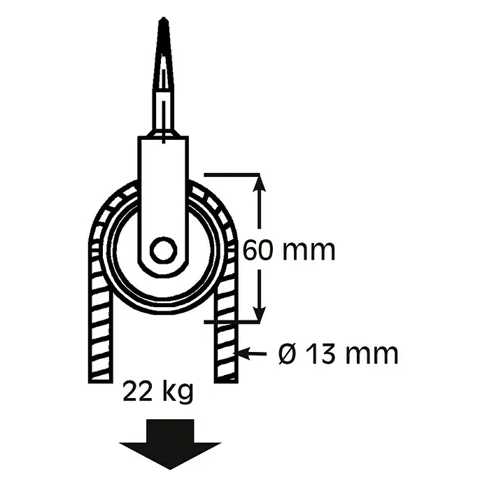 HBS Betz Seilrolle - Typ: Vogelseilrolle, Polyamid, Traglast: 22 kg, Durchmesser: 60 mm, 1 Stk. - Darstellung eines Seilzugsystems mit einer Traglast von 22 kg, einer Höhe von 60 mm und einem Seildurchmesser von 13 mm.
