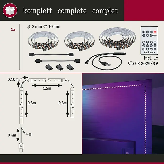 Paulmann LED-Band EntertainLED 75 Zoll - Länge: 310 cm, Lichtfarbe: RGB, 5 W - Bild einer kompletten LED-Leuchtleiste mit Fernbedienung, USB-Anschluss und Montagezubehör. Abmessungen und Installationshinweise sind dargestellt.