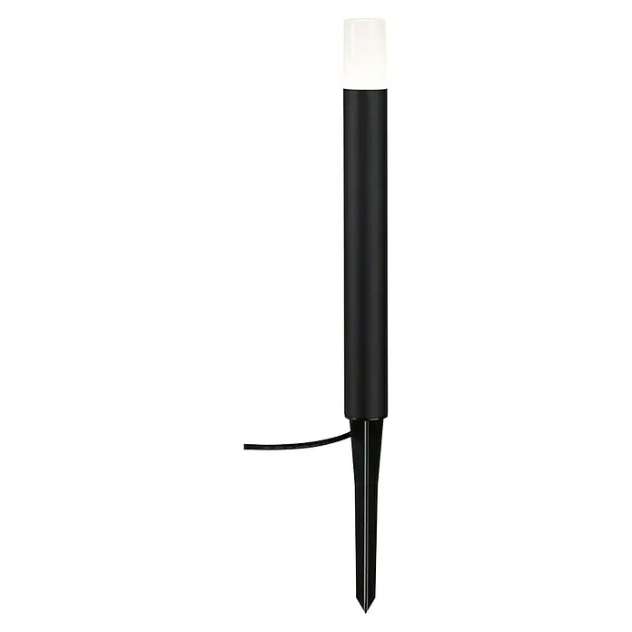 Paulmann Plug & Shine LED-Wegeleuchte Flarea - Schwarz, Höhe: 40 cm, Warmweiß - Bild einer schwarzen Gartenleuchte mit einem weißen Lichtkopf und einem Erdspieß. Perfekt für stimmungsvolle Beleuchtung im Außenbereich.