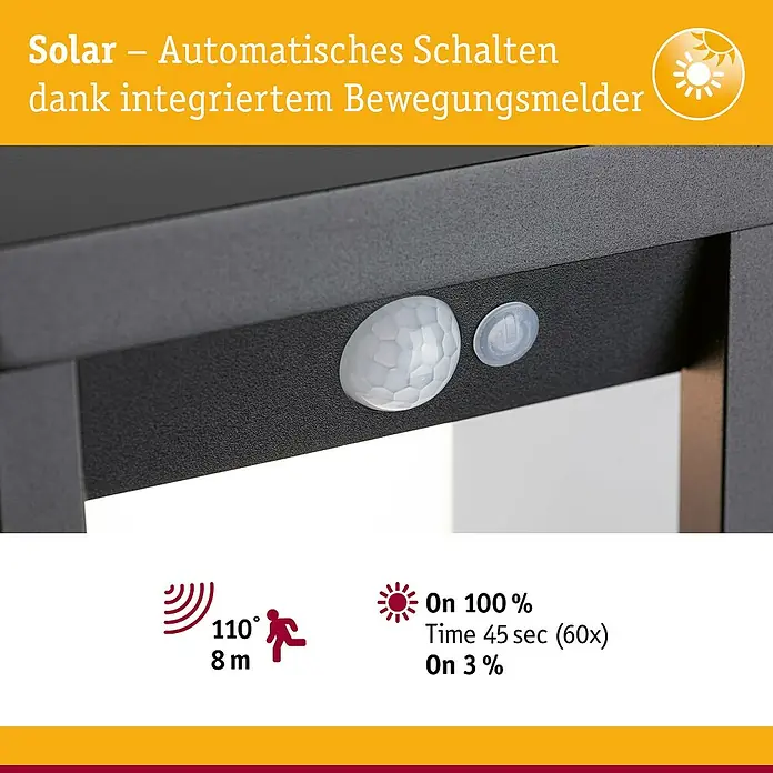 Paulmann Solar-Außenwandleuchte Marisol - Max. Systemleistung: 5,5 W, L x B x H: 18 x 15 x 27 cm, Schwarz, Lichtstrom: 350 lm - Nahaufnahme einer Solarleuchte mit Bewegungsmelder, die automatisch schaltet.