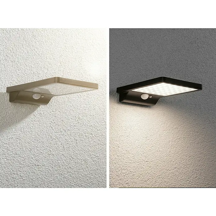 Paulmann Solar-Außenwandleuchte Solveig - Max. Systemleistung: 4,8 W, L x B x H: 17,3 x 10,5 x 2,9 cm, Schwarz, Lichtstrom: 338 lm - Wandleuchte mit Bewegungssensor in zwei Farbvarianten, die an einer strukturierten Wand montiert sind.