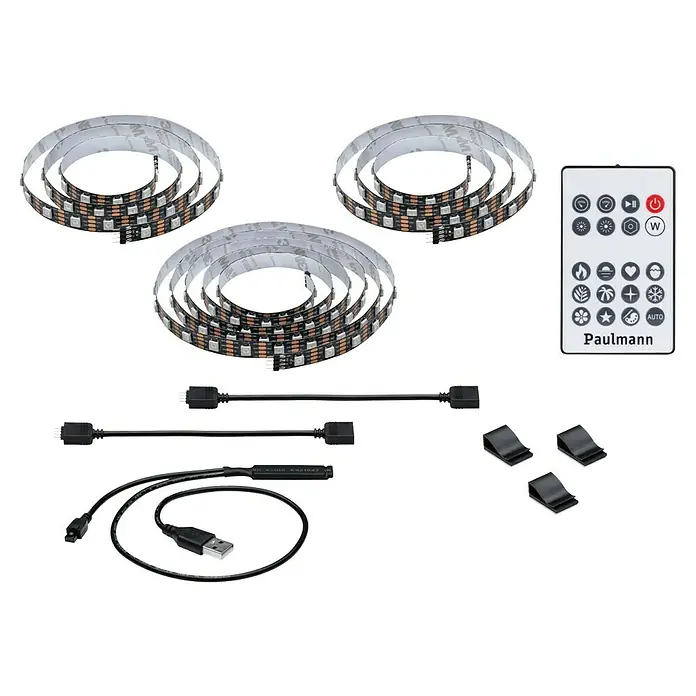 Paulmann LED-Band EntertainLED 75 Zoll - Länge: 310 cm, Lichtfarbe: RGB, 5 W - Das Bild zeigt ein Paulmann Smart Home LED-Streifen-Set mit Fernbedienung, Verbindungskabeln und Befestigungsclips.