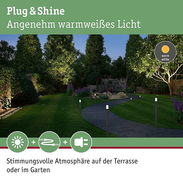 Paulmann Plug & Shine LED-Wegeleuchte Flarea - Schwarz, Höhe: 40 cm, Warmweiß - Bild von "Plug & Shine" Gartenleuchten, die ein warmweißes Licht erzeugen und eine stimmungsvolle Atmosphäre auf der Terrasse oder im Garten schaffen.