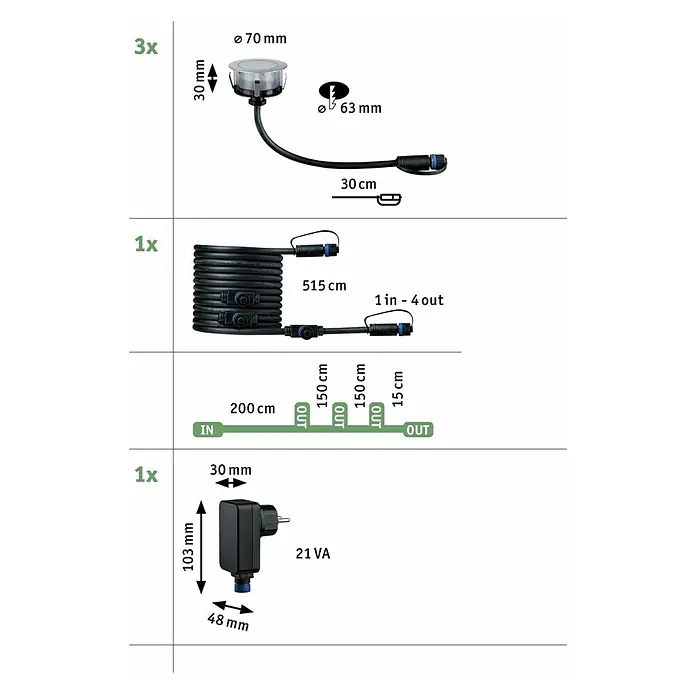 Paulmann Plug & Shine Basis-Set Floor Mini insektenfreundlich - Silber, IP67, Durchmesser: 6,3 cm - Eine Abbildung der Komponenten für ein Gartenbeleuchtungssystem, inklusive Leuchten, Kabel und Netzteil mit Maßangaben.