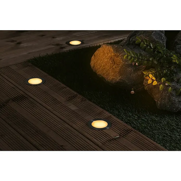 Paulmann Plug & Shine Set básico - Plateado, IP67, Diámetro: 6,3 cm - Las luces LED empotradas iluminan el paseo de madera y el jardín, creando un ambiente exterior acogedor.