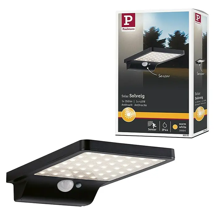 Paulmann Solar-Außenwandleuchte Solveig - Max. Systemleistung: 4,8 W, L x B x H: 17,3 x 10,5 x 2,9 cm, Schwarz, Lichtstrom: 338 lm - Das Paulmann Solar Solveig, eine anthrazitfarbene Solarleuchte mit Sensor und warmweißem Licht (3000 K) für den Außenbereich, hier mit Verpackung.