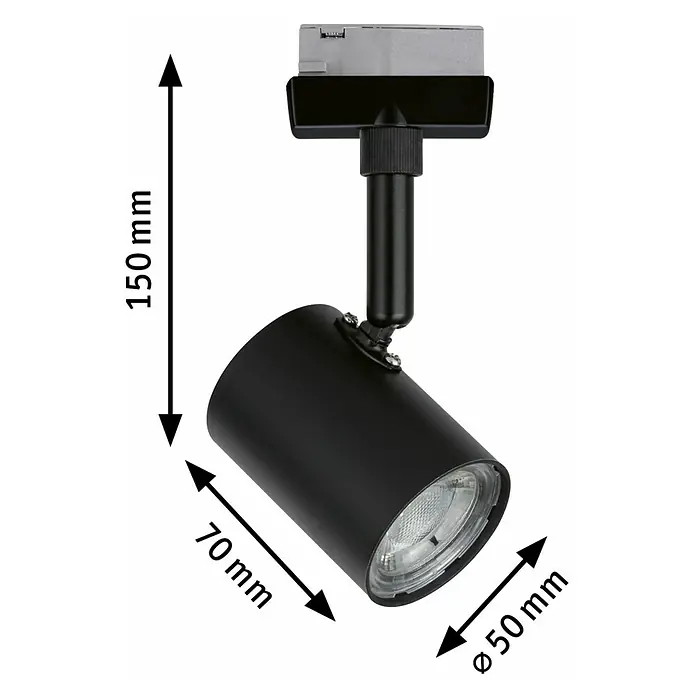 Paulmann URail LED-Spot Limba - Schwarz-matt, 5 x 7 x 15 cm - Produktansicht einer schwarzen justierbaren LED-Strahler-Lampe mit den Produktabmessungen.