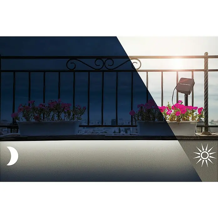 Paulmann LED-Band Outdoor Solar - Länge: 300 cm, Lichtfarbe: Warmweiß, 220 V - 240 V - Das Bild zeigt einen Blumenkasten mit rosafarbenen Blumen, der auf einem Balkon steht. Die Tageszeit ist in Tag und Nacht geteilt, um die Vielseitigkeit zu demonstrieren.