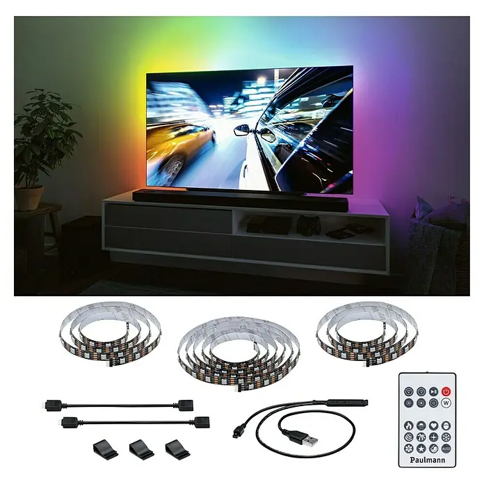 Paulmann LED-Band EntertainLED 75 Zoll - Länge: 310 cm, Lichtfarbe: RGB, 5 W - Produktbild von Paulmann LED Stripes für TV Hintergrundbeleuchtung mit Fernbedienung für stimmungsvolles Ambiente.