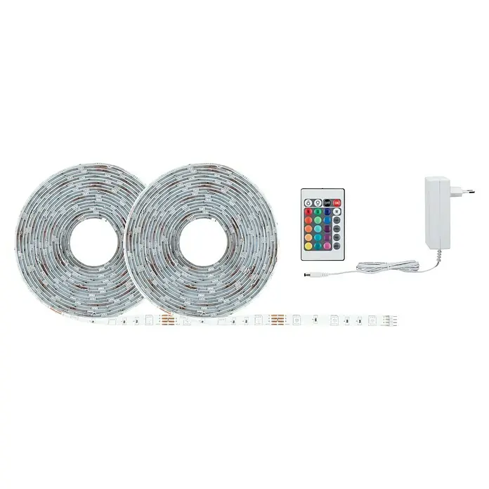 Paulmann SimpLED LED-Band-Set RGB 3 in 1 ZIGBEE - Länge: 10 m, Lichtfarbe: RGB, 26 W, 900 lm, 230 V - Das Bild zeigt ein Set mit LED-Streifen, einer Fernbedienung und einem Netzteil. Ideal für stimmungsvolle Beleuchtung im ganzen Haus.