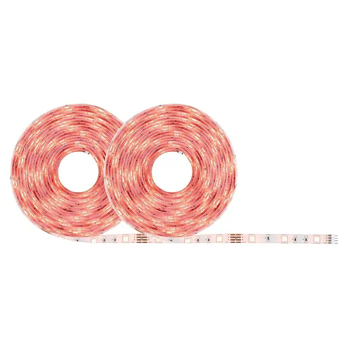 Paulmann SimpLED LED-Band-Set RGB 3 in 1 ZIGBEE - Länge: 10 m, Lichtfarbe: RGB, 26 W, 900 lm, 230 V - Aufnahme von zwei Rollen roter LED-Lichterketten, die aufgereiht und auf einem schwarzen Hintergrund präsentiert werden.