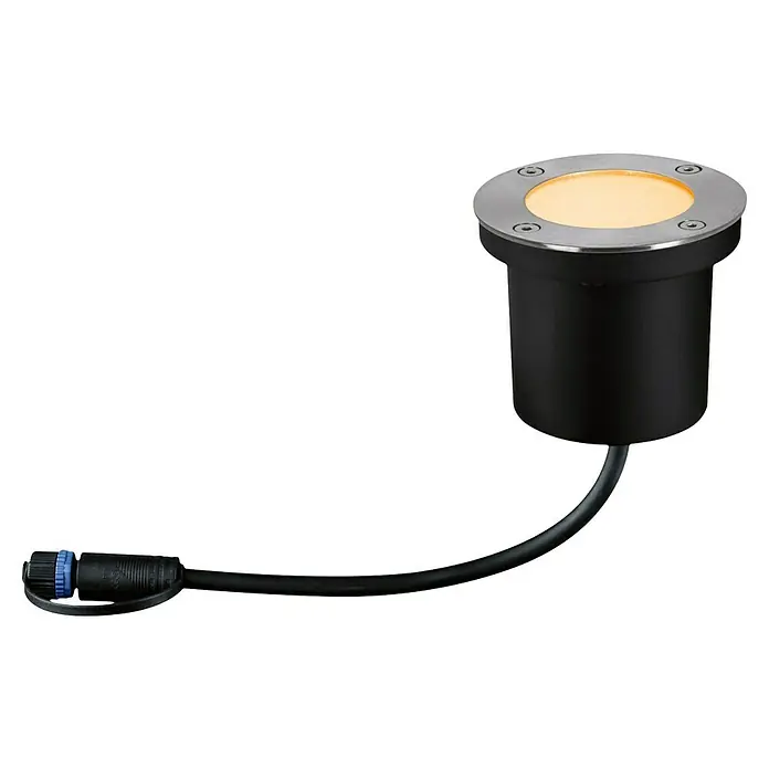 Paulmann Plug & Shine Bodeneinbauleuchte Floor insektenfreundlich - 9,8 cm, Bernstein, IP67, Silber - Einbaustrahler mit runder Edelstahlblende und schwarzem Gehäuse, inklusive Anschlusskabel und Stecker.