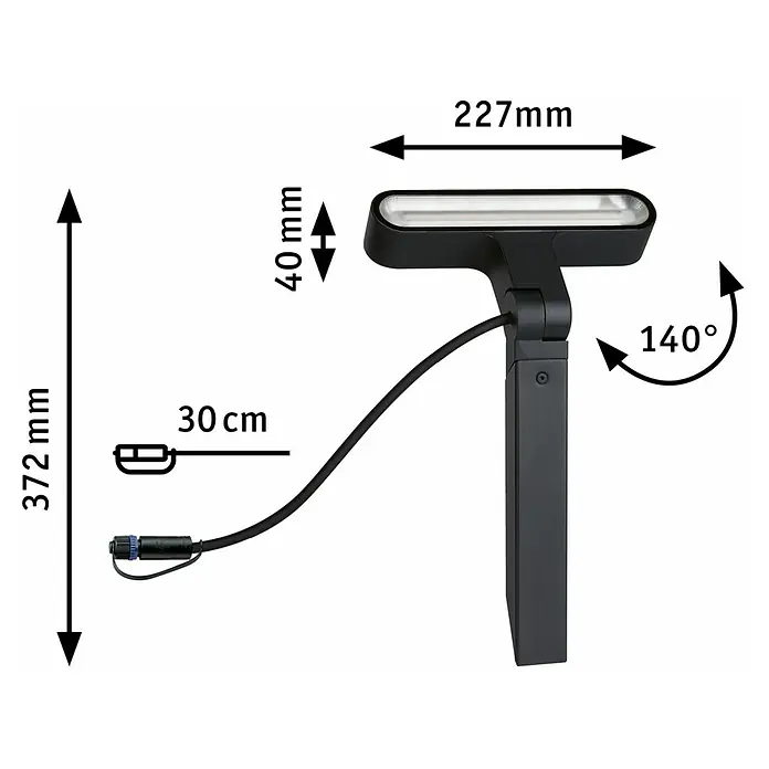 Paulmann Plug & Shine LED-Gartenspot Ito - 7,5 W, Warmweiß, L x B x H: 4 x 22,7 x 37,2 cm - Abbildung einer schwarzen Außenleuchte mit Maßen und Drehwinkel für den Außenbereich.