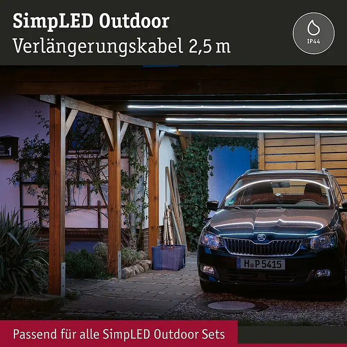 Paulmann SimpLED Verlängerungskabel Outdoor - Schwarz, 250 cm - Produktaufnahme des SimpLED Outdoor Verlängerungskabels 2,5 m, das für alle SimpLED Outdoor Sets geeignet ist, im Einsatz in einer Hofeinfahrt.