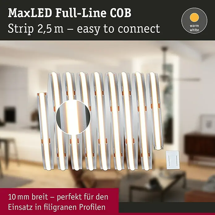 Paulmann MaxLED 500 Verlängerungs-Set Full-Line COB - 250 cm, 15 W, Warmweiß, 1.250 lm - Abbildung eines MaxLED Full-Line COB-Streifens mit 2,5 m Länge, der einfach anzuschließen ist und ein warmweißes Licht ausstrahlt.