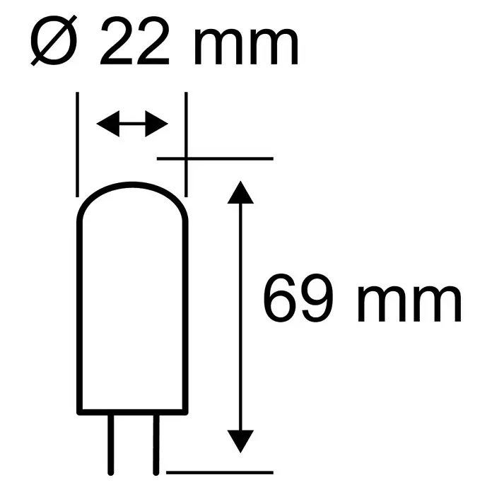 Paulmann LED-Lampe - G9, Dimmbar, Warmweiß, 800 lm, 7,2 W - Produktabbildung mit den Maßen: Durchmesser 22mm und Länge 69mm.