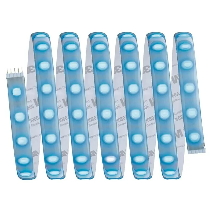 Paulmann MaxLED 500 LED-Band RGBW IP44 - Länge: 250 cm, Lichtfarbe: RGBW, 30 W, 1.100 lm - Nahaufnahme von blauen LED-Streifen mit Kleberückseite, ideal für stimmungsvolle Beleuchtung im Innenbereich und einfache Installation.