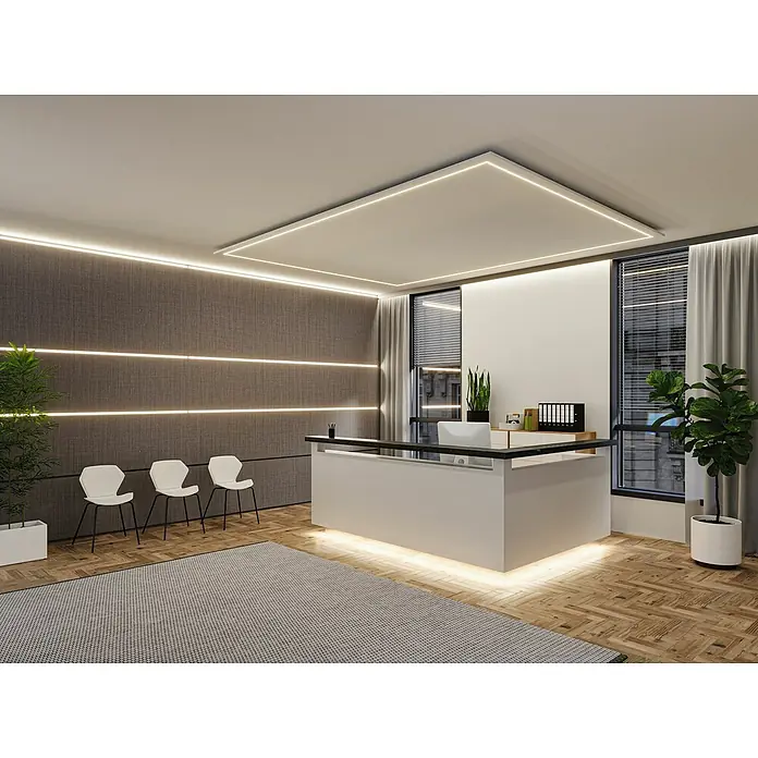 Paulmann MaxLED 500 Verlängerungs-Set Full-Line COB - 250 cm, 15 W, Warmweiß, 1.250 lm - Ein moderner Empfangsbereich mit minimalistischem Design, akzentuiert durch elegante Beleuchtungselemente, die eine einladende Atmosphäre schaffen.