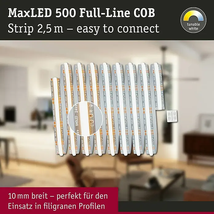 Paulmann MaxLED 500 Verlängerungs-Set Full-Line COB - 250 cm, 13 W, Mehrfarbig, 1.500 lm - MaxLED 500 Full-Line COB Strip 2,5 m: Flexibler LED-Streifen für filigrane Profile, tunable white für stimmungsvolle Beleuchtung.