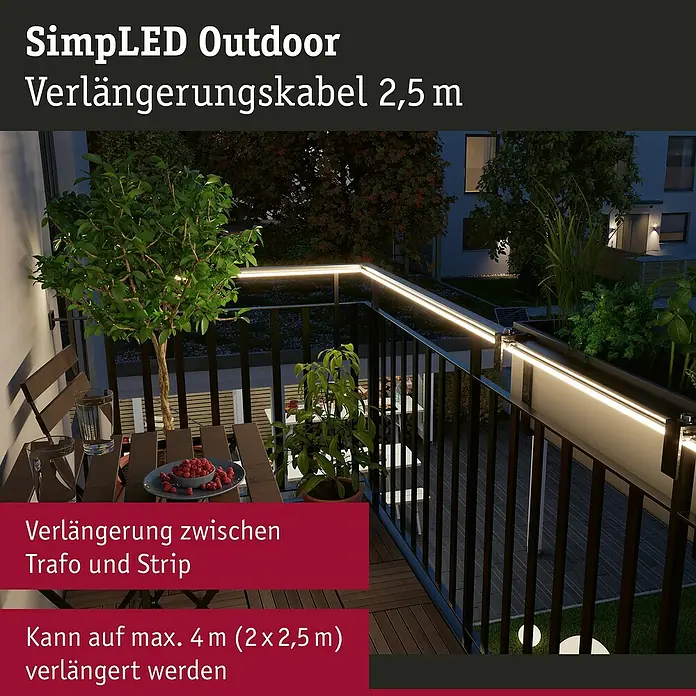Paulmann SimpLED Verlängerungskabel Outdoor - Schwarz, 250 cm - SimpLED Outdoor Verlängerungskabel 2,5 m: Das Bild zeigt ein 2,5 m langes Verlängerungskabel für SimpLED Outdoor-Produkte, ideal für Balkone und Gärten.