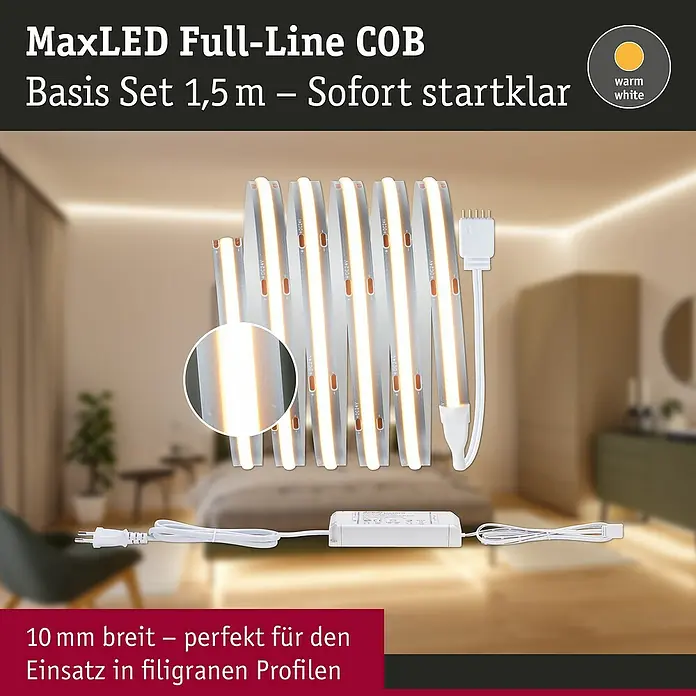 Paulmann MaxLED 500 Verlängerungs-Set Full-Line COB - 150 cm, 10 W, Warmweiß, 750 lm - Produktabbildung des MaxLED Full-Line COB Basis Sets mit 1,5 m Länge, sofort einsatzbereit und mit warmweißem Licht.