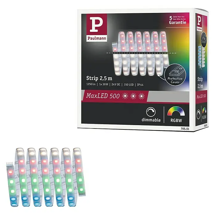Paulmann MaxLED 500 LED-Band RGBW IP44 - Länge: 250 cm, Lichtfarbe: RGBW, 30 W, 1.100 lm - Produktabbildung: Paulmann MaxLED 500 RGBW LED-Streifen 2,5m, dimmbar mit Schutzabdeckung. Ideal für stimmungsvolle Beleuchtung im Innenbereich.