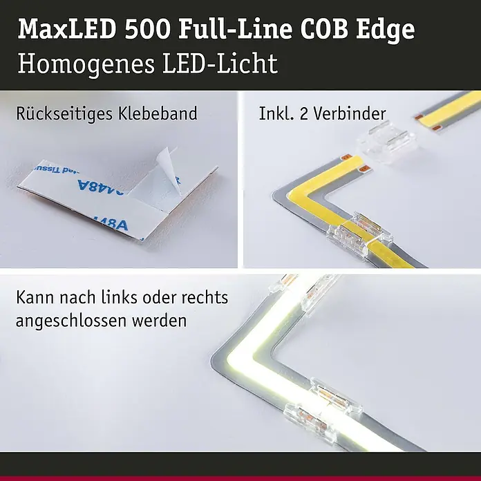 Paulmann MaxLED 500 LED-Band Full-Line COB Edge 90° Tunable White - Länge: 3 cm, Lichtfarbe: Mehrfarbig, 0,35 W, 30 lm, 230 V - Nahaufnahme der MaxLED 500 COB Edge LED-Leuchte mit Klebeband, Verbindern und Anschlussoptionen für flexible Installationen.