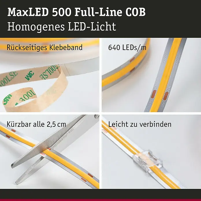 Paulmann MaxLED 500 Verlängerungs-Set Full-Line COB - 250 cm, 13 W, Mehrfarbig, 1.500 lm - MaxLED 500 Full-Line COB LED-Streifen mit rückseitigem Klebeband, 640 LEDs/m, kürzbar alle 2,5 cm und leicht zu verbinden.