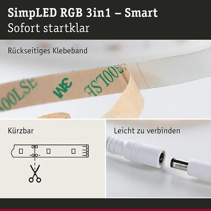 Paulmann SimpLED LED-Band-Set RGB 3 in 1 ZIGBEE - Länge: 5 m, Lichtfarbe: RGB, 20 W, 450 lm, 230 V - SimpLED RGB 3in1 Smart: LED-Streifen mit rückseitigem Klebeband, kürzbar und leicht zu verbinden. Für eine einfache und flexible Installation.