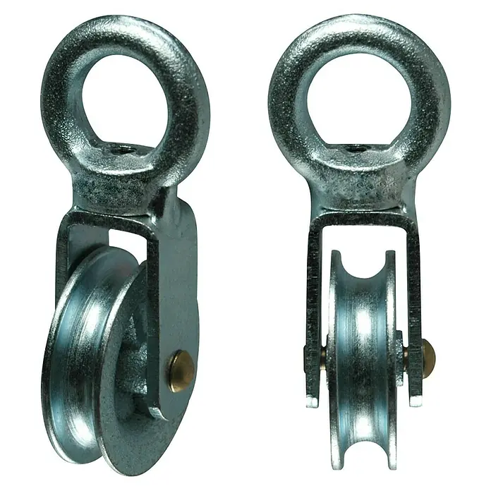 HBS Betz Seilrolle - Typ: Waschseilrolle, Grauguss, Traglast: 22 kg, Durchmesser: 60 mm, 1 Stk. - Zwei silberne Seilrollen mit Befestigungsösen, ideal für Hebe- und Zuganwendungen.