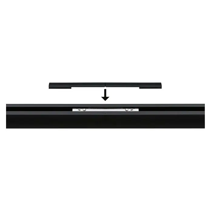 Paulmann URail Abdeckung Connector-Inlay - Schwarz/Transparent - Detailaufnahme einer schwarzen Schiene, die mit einem Befestigungselement verbunden wird, das die Montage und Installation erleichtert.