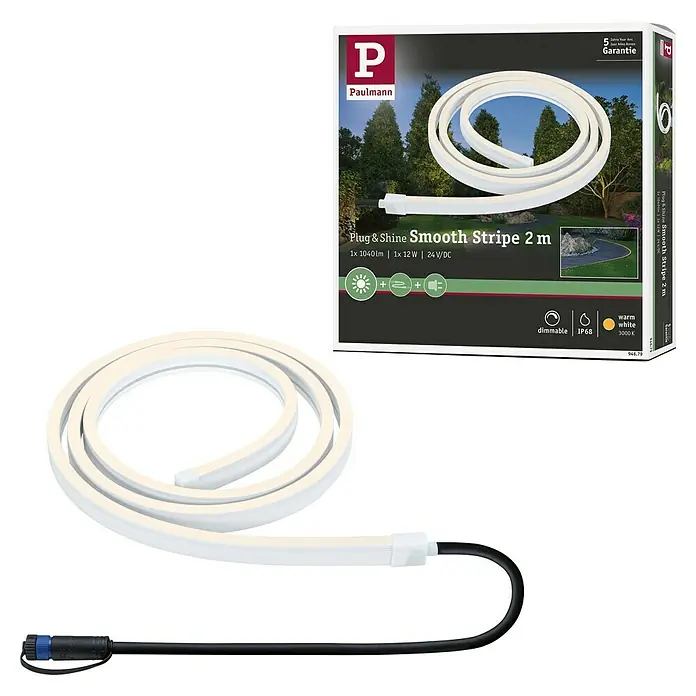 Paulmann Plug & Shine LED-Band Smooth Stripe Outdoor - Länge: 2 m, Lichtfarbe: Warmweiß, 235 lm, 24 V, 12 W - Produktaufnahme der Paulmann Plug & Shine Smooth Stripe 2m Leuchte mit Verpackung. Ideal für den Außenbereich, warmweißes Licht, dimmbar & IP68 geschützt.