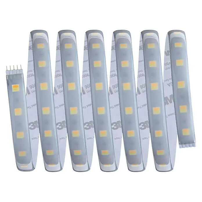 Paulmann MaxLED 500 LED-Band Tunable White IP44 - Länge: 250 cm, Lichtfarbe: Mehrfarbig, 16 W, 1.175 lm - Nahaufnahme einer LED-Leiste mit Klebestreifen auf einer schwarzen Oberfläche.