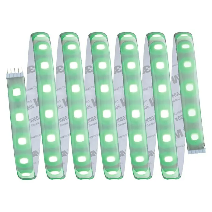 Paulmann MaxLED 500 LED-Band RGBW IP44 - Länge: 250 cm, Lichtfarbe: RGBW, 30 W, 1.100 lm - Eine Nahaufnahme von LED-Streifen mit grünen Lichtern und einer Kleberückseite, die sich ideal für dekorative Beleuchtungsanwendungen eignen.