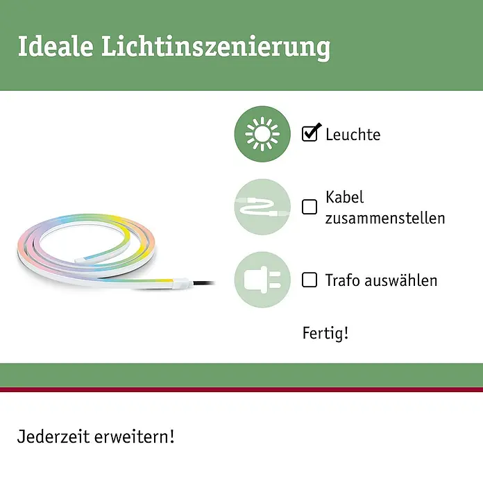 Paulmann Plug & Shine LED-Band Outdoor - Länge: 2 m, RGBW, 280 lm, 24 V - Abbildung eines LED-Streifens mit Anweisungen zur Installation, einschließlich Leuchte, Kabel und Transformator.