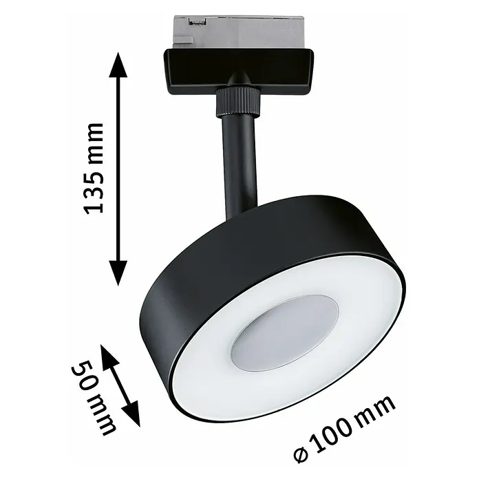 Paulmann URail LED-Spot Circle 3-Step-Dim - Schwarz matt, Warmweiß - Abbildung einer schwarzen runden Deckenleuchte mit LED-Beleuchtung und den Maßen 135mm Höhe, 50mm Dicke und 100mm Durchmesser.