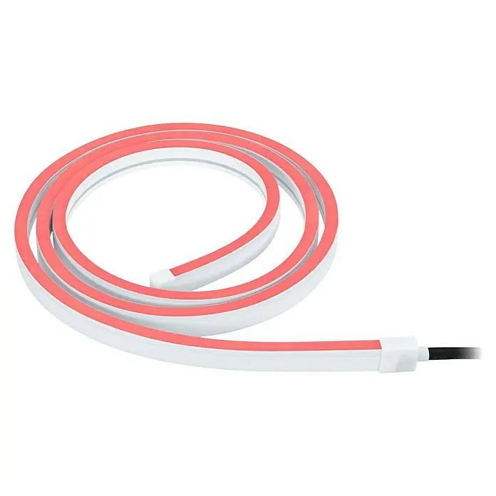 Paulmann Plug & Shine LED-Band Outdoor - Länge: 2 m, RGBW, 280 lm, 24 V - Eine LED-Neonröhre mit einem warmen, roten Farbton, gerollt auf einem schwarzen Hintergrund, für stimmungsvolle Beleuchtung.