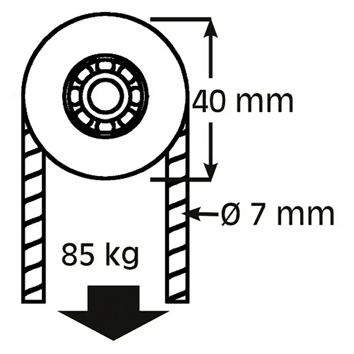 HBS Betz Seilrolle - Stahl, Traglast: 85 kg, Durchmesser: 40 mm, 2 Stk. - Abbildung eines Rades mit den Maßen 40 mm Durchmesser und einer Traglast von 85 kg. Die Seildurchmesser beträgt 7mm.