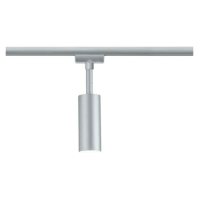 Paulmann URail LED-Spot Tubo - L x B x H: 10,5 x 4,2 x 18,6 cm, Chrom matt, Neutralweiß - Eine moderne, zylindrische Deckenleuchte in Silber, die von einer Schiene hängt und elegantes Licht nach unten wirft. Stilvolle Beleuchtung.