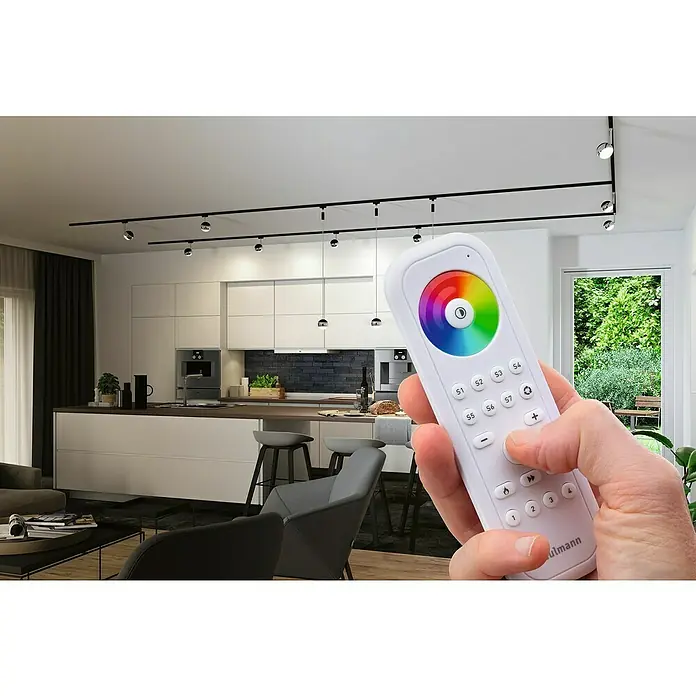 Paulmann Smart Home ZigBee Fernbedienung Smart Home Zigbee Gent 2 - Zigbee 3.0 Produkte, Weiß - Eine Hand hält eine Fernbedienung für eine LED-Beleuchtung mit Farbwechselfunktion in einem modernen Wohnraum.
