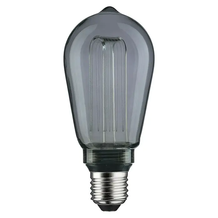 Paulmann Inner Glow LED-Lampe Vintage Glühlampenform E27 - E27, Nicht Dimmbar, Warmweiß, 80 lm, Tropfen, Farbe: Smoky - Nahaufnahme einer rauchgrauen Edison-Glühbirne mit sichtbaren Filamenten und einem silbernen Sockel. Elegantes Design für stimmungsvolle Beleuchtung.