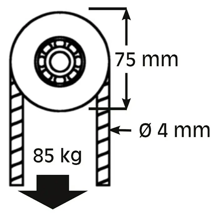 HBS Betz Seilrolle - Stahl, Traglast: 85 kg, Durchmesser: 75 mm, 1 Stk. - Schematische Darstellung einer Umlenkrolle mit den Maßen 75 mm Durchmesser, 4 mm Seildurchmesser und einer Traglast von 85 kg.