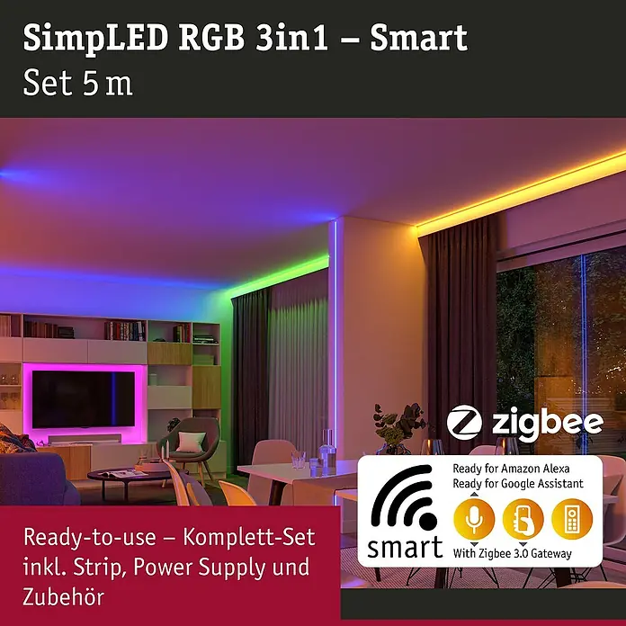 Paulmann SimpLED LED-Band-Set RGB 3 in 1 ZIGBEE - Länge: 5 m, Lichtfarbe: RGB, 20 W, 450 lm, 230 V - SimpLED RGB 3in1 Smart Set mit 5m Länge. Komplettset inkl. Strip, Netzteil und Zubehör für eine stimmungsvolle Beleuchtung.