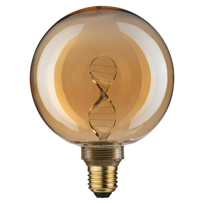 Paulmann Inner Glow LED-Lampe Vintage Globe-Form E27 - E27, Dimmbarkeit: Nicht Dimmbar, Warmweiß, 180 lm, Farbe: Gold - Nahaufnahme einer Glühbirne mit einer DNA-artigen Wendel, die warmes Licht ausstrahlt und eine dekorative Note verleiht.
