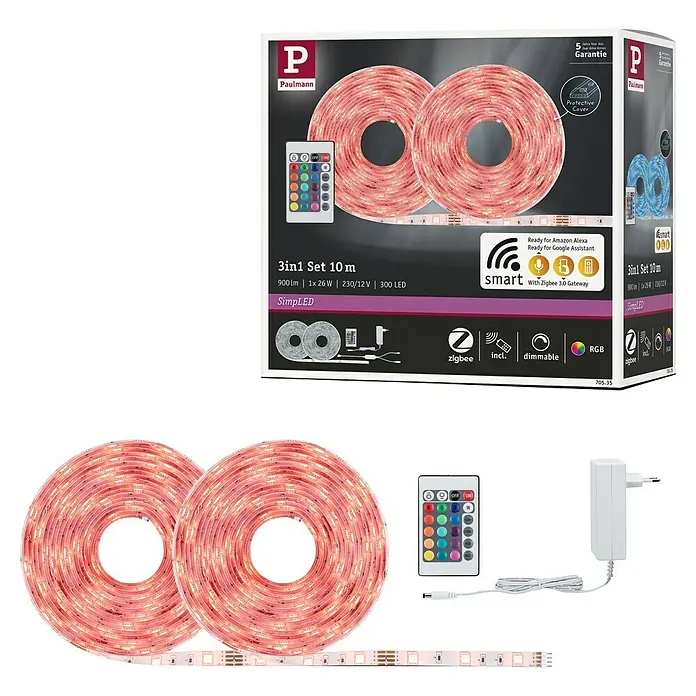 Paulmann SimpLED LED-Band-Set RGB 3 in 1 ZIGBEE - Länge: 10 m, Lichtfarbe: RGB, 26 W, 900 lm, 230 V - LED-Streifen-Set von Paulmann: 3in1 Set mit 10m Länge, dimmbar und mit Zigbee 3.0 Gateway für Smart Home Integration.