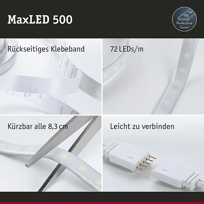 Paulmann MaxLED 500 LED-Band RGBW IP44 - Länge: 250 cm, Lichtfarbe: RGBW, 30 W, 1.100 lm - Nahaufnahme eines MaxLED 500 LED-Streifens, der seine Flexibilität durch Klebeband, Anpassbarkeit und einfache Verbindung zeigt.