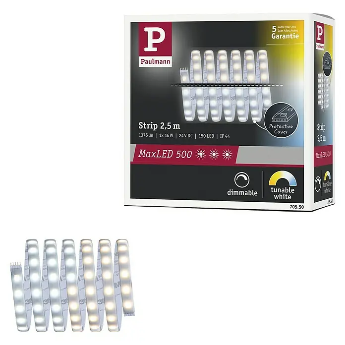 Paulmann MaxLED 500 LED-Band Tunable White IP44 - Länge: 250 cm, Lichtfarbe: Mehrfarbig, 16 W, 1.175 lm - Produktabbildung: Paulmann MaxLED 500 Strip 2,5m, dimmbar und tunable white, ideal für flexible Lichtgestaltung im Innenbereich.