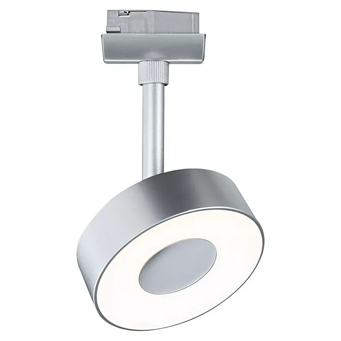 Paulmann URail LED-Spot Circle 3-Step-Dim - Chrom matt, Warmweiß - Nahaufnahme einer runden, silberfarbenen LED-Deckenleuchte mit heller, ringförmiger Beleuchtung auf schwarzem Hintergrund.