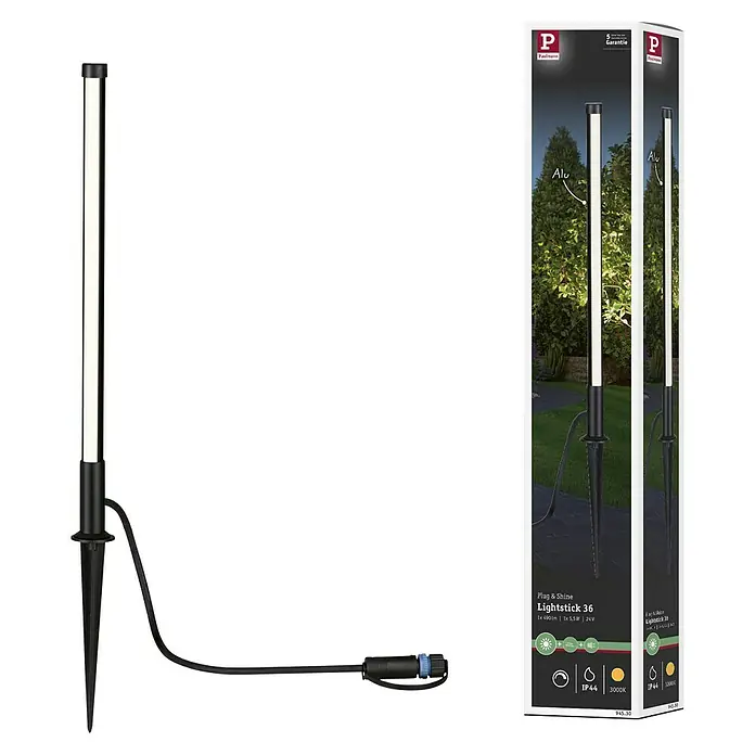 Paulmann Plug & Shine LED-Wegeleuchte - Anthrazit, Höhe: 36 cm, Warmweiß - Abgebildet ist die Paulmann Plug & Shine Lightstick 36 Gartenleuchte, bestehend aus einem Stab mit Erdspieß und Verbindungskabel.